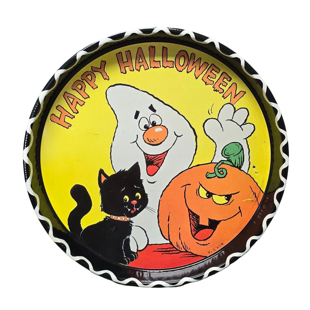 Vintage Black Cat Ghost & Pumpkin Happy Halloween Decorative Metal Serving Tray